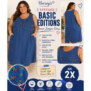 Vintage Basic Editions 2X Denim Jumper Dress Floral Embroidered Cottagecore